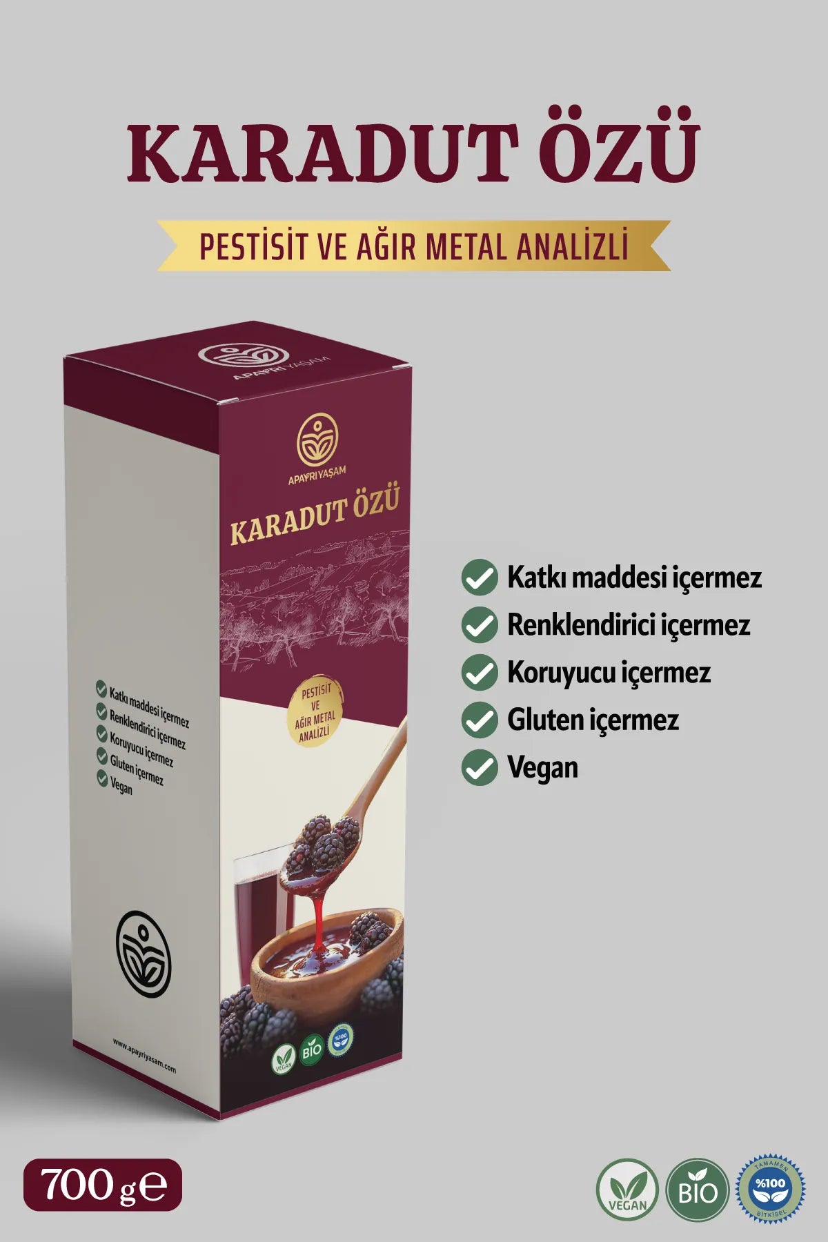 Katkısız %100 Doğal Karadut Özü (PESTİSİT & AĞIR METAL IÇERMEZ ANALİZLİ) 700 gr