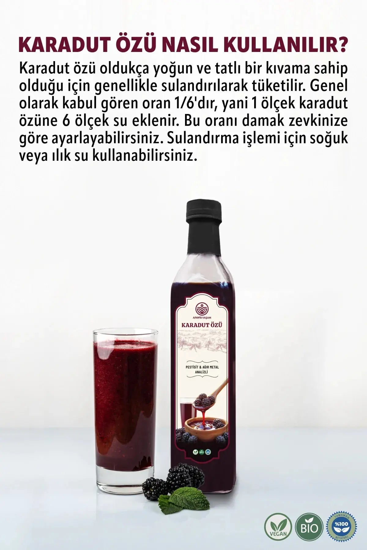 Katkısız %100 Doğal Karadut Özü (PESTİSİT & AĞIR METAL IÇERMEZ ANALİZLİ) 700 gr Apayrı Yaşam