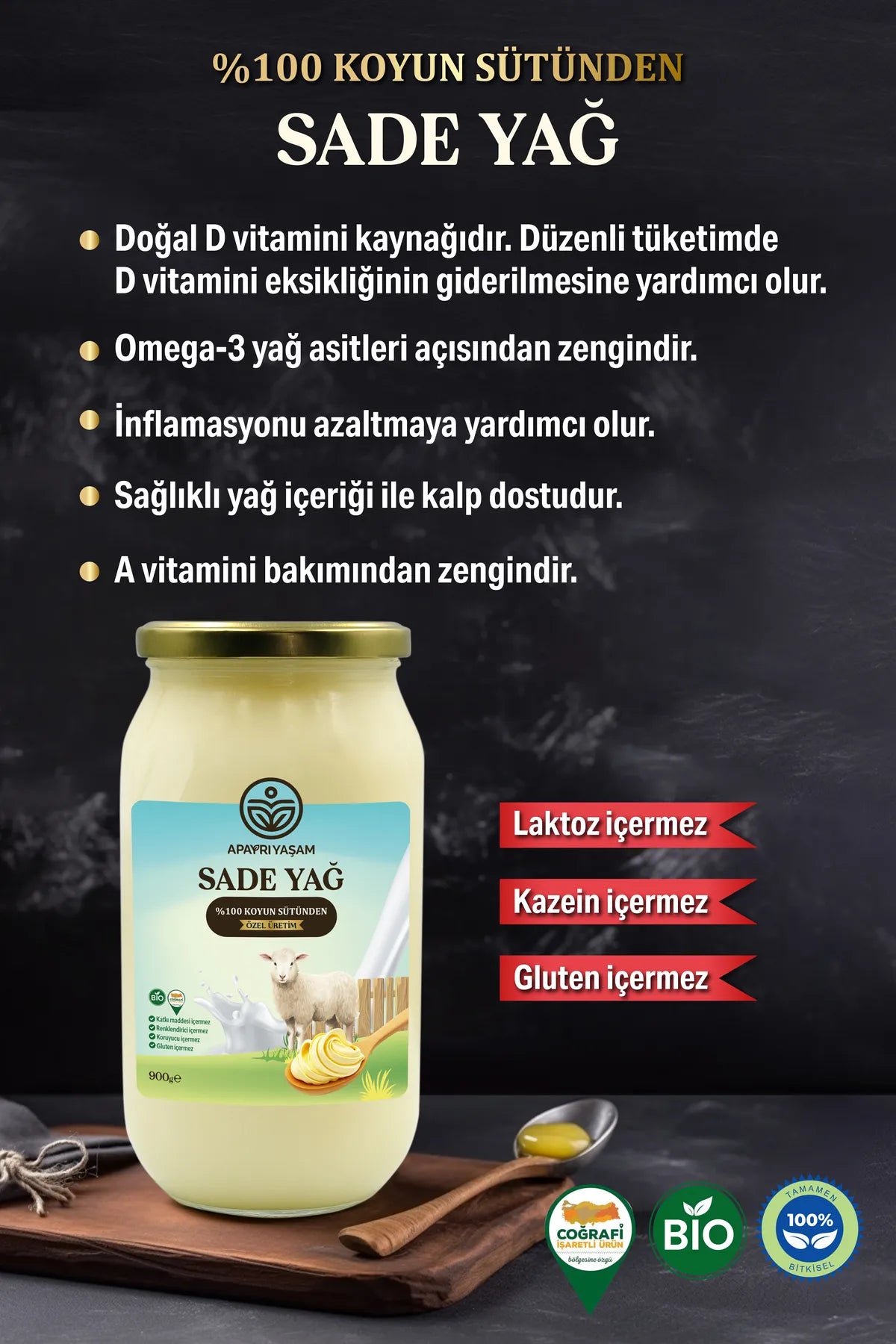 %100 Koyun Sütünden Özel Üretim Sade Yağ Yemeklik (Laktosuz, Kazeinsiz, Ghee)