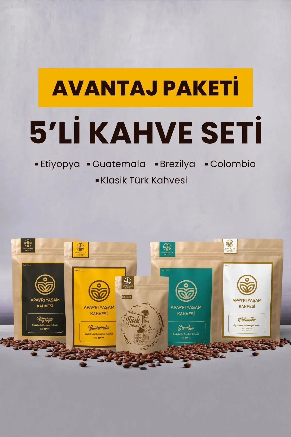 5'li Kahve Seti, Avantaj Paket Filtre Kahve Etiyopya, Guatemala, Brezilya, Kolombiya, Türk Kahvesi Apayrı Yaşam