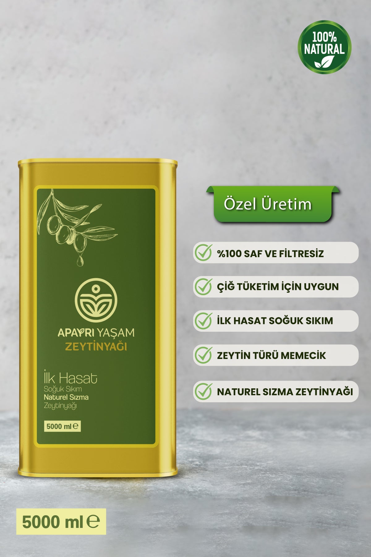 Erken Hasat Organik Bebek Zeytinyağı Natürel Soğuk Sıkım Zeytin Yağı 5000ml