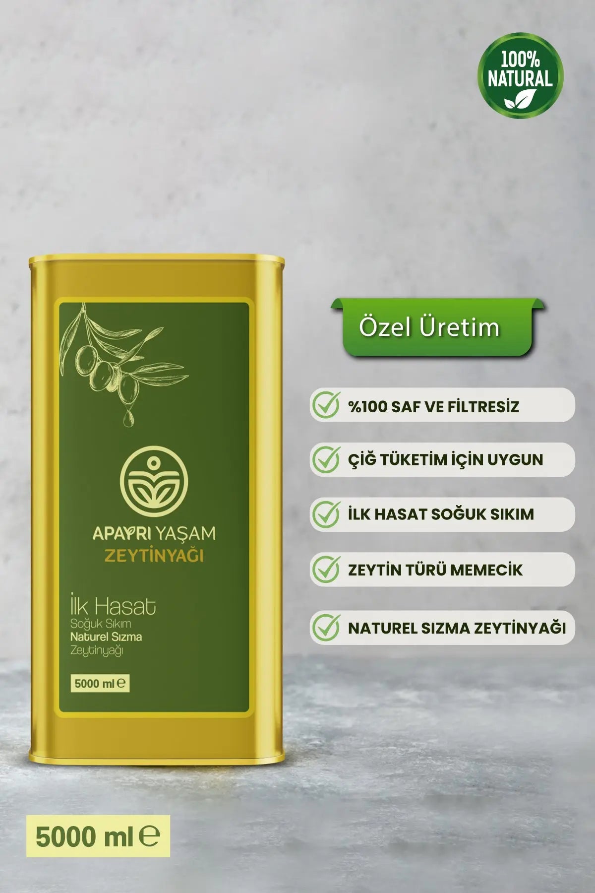 Erken Hasat Organik Bebek Zeytinyağı Natürel Soğuk Sıkım Zeytin Yağı 5000ml Apayrı Yaşam