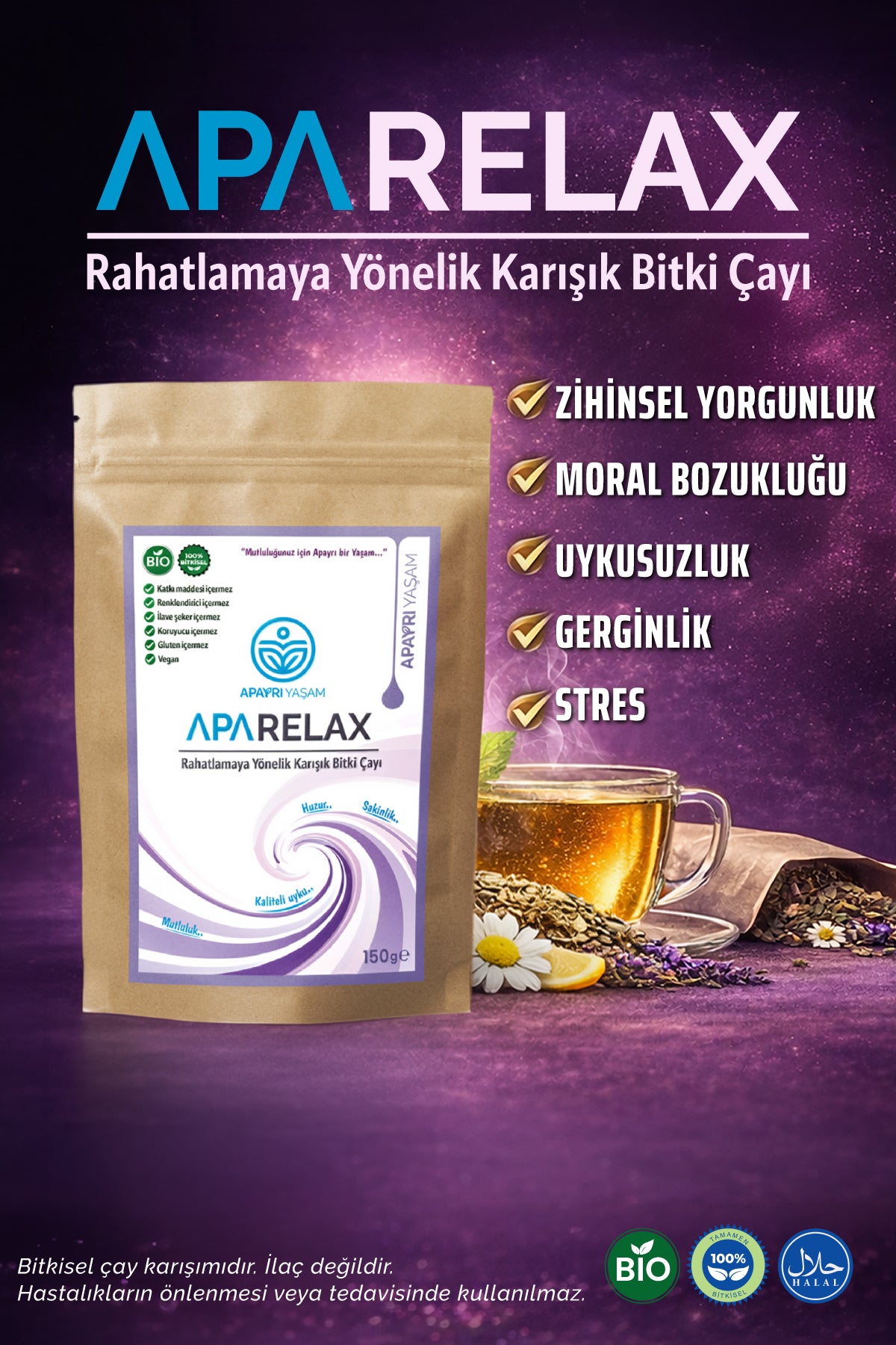 Uyku Düzenleyici, Stres Giderici, Panik Atak Rahatlatıcı Bio Çay Karışımı Aparelax