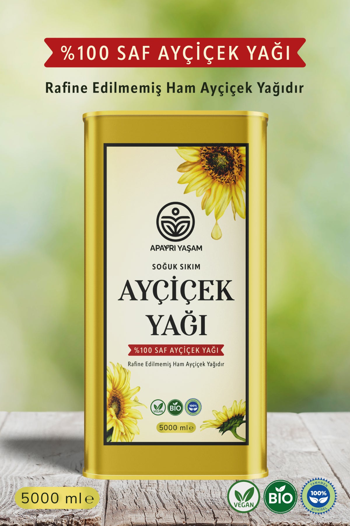 5 Litre Soğuk Sıkım Rafine Edilmemiş %100 Saf Ham Ayçiçek Yağı