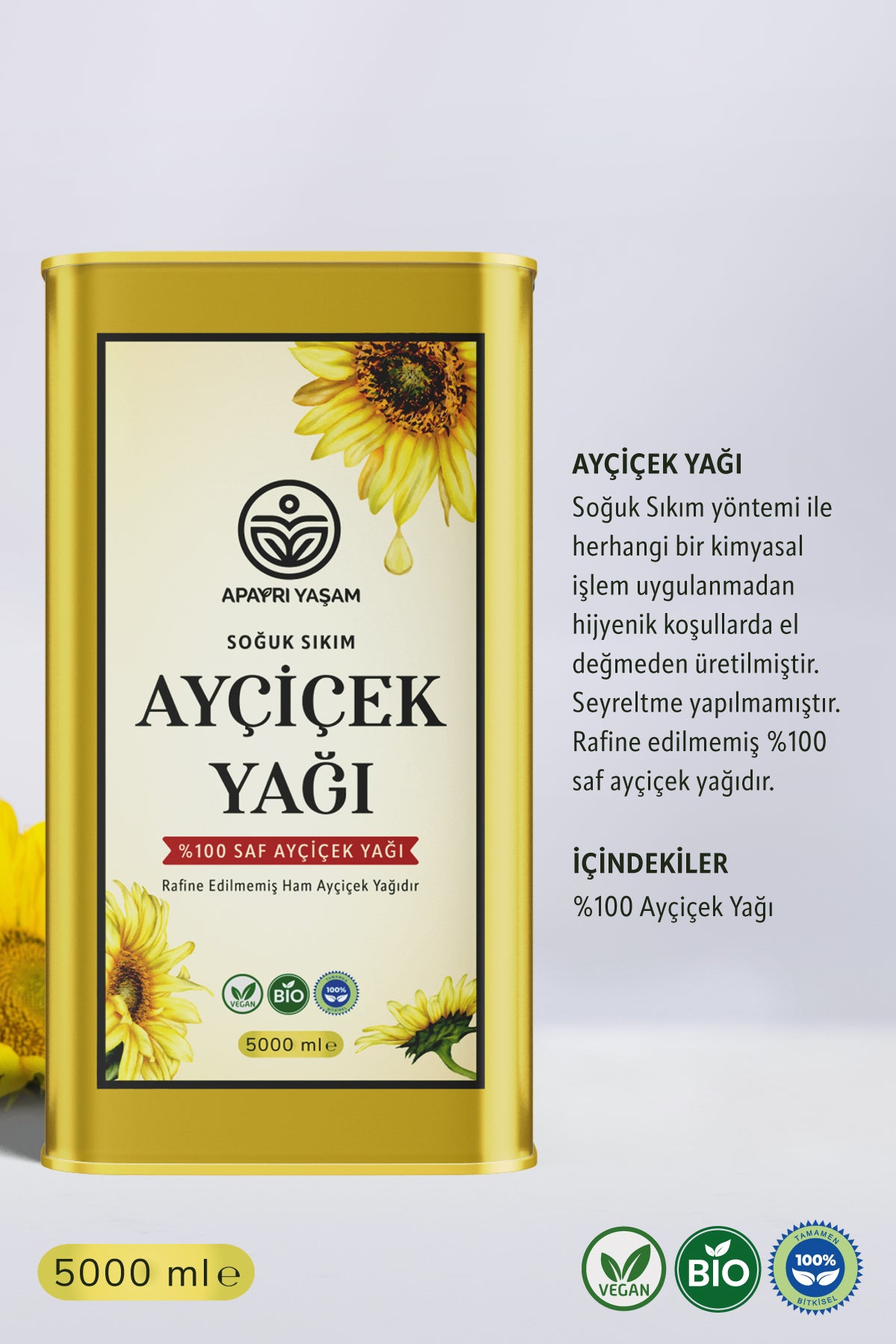 5 Litre Soğuk Sıkım Rafine Edilmemiş %100 Saf Ham Ayçiçek Yağı