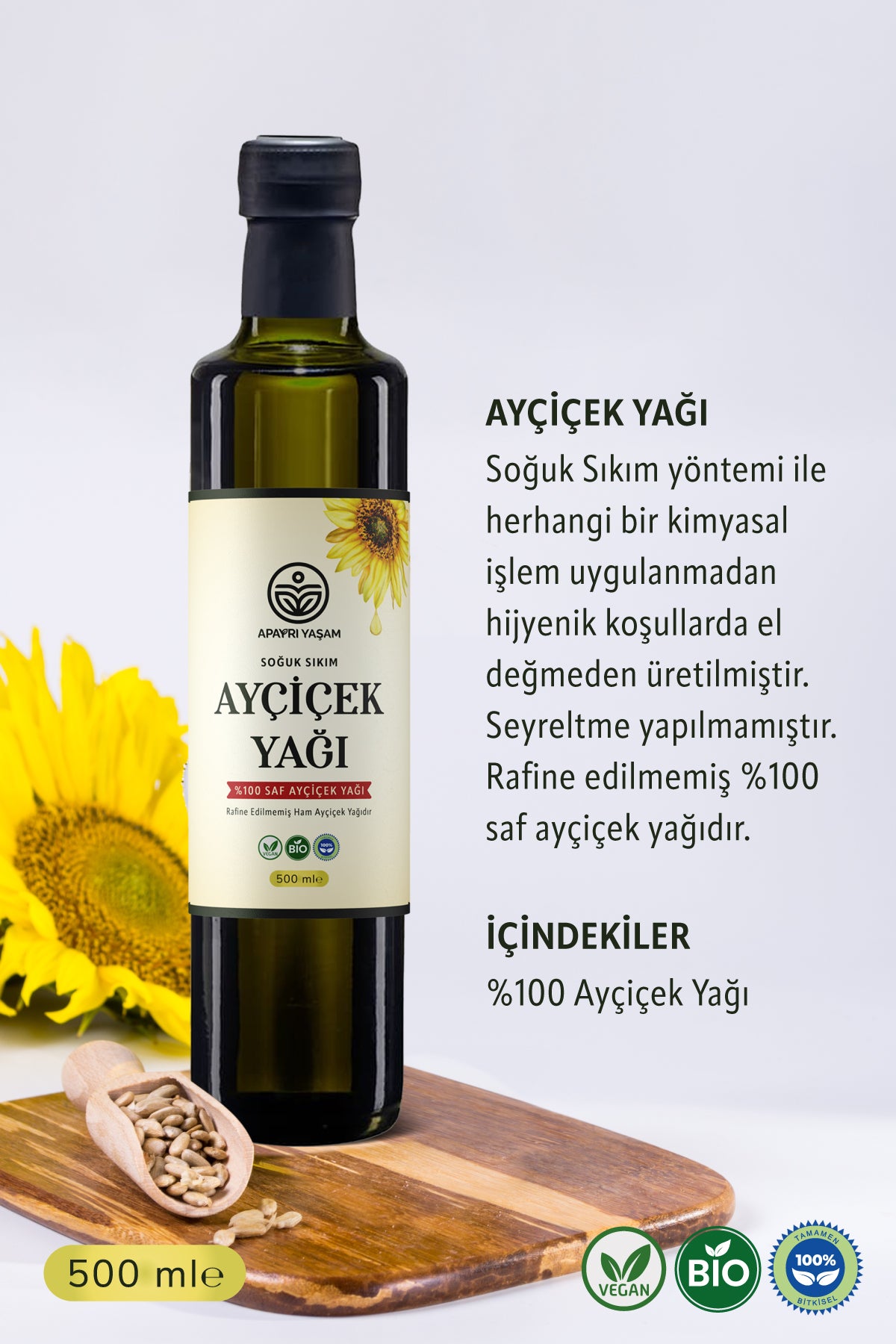 500ml Soğuk Sıkım Rafine Edilmemiş %100 Saf Ham Ayçiçek Yağı