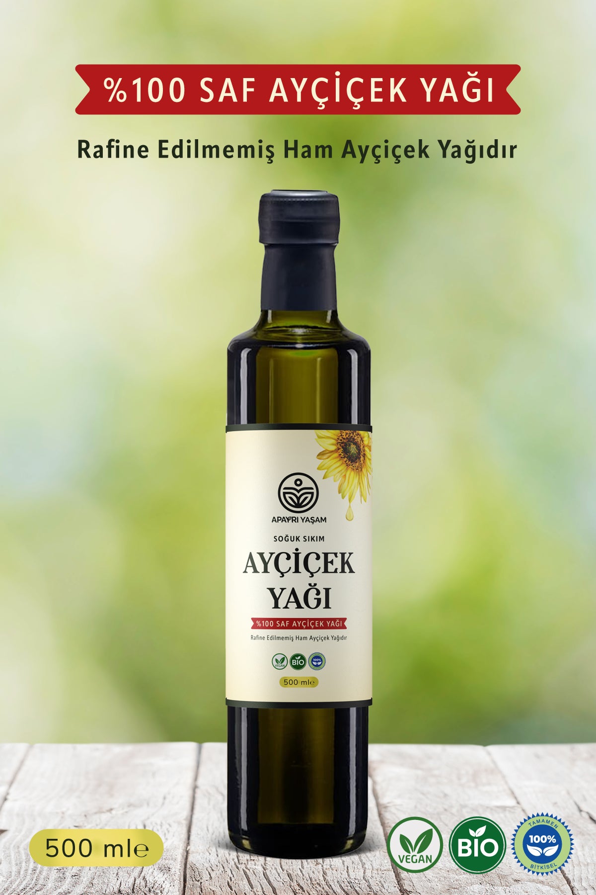 500ml Soğuk Sıkım Rafine Edilmemiş %100 Saf Ham Ayçiçek Yağı