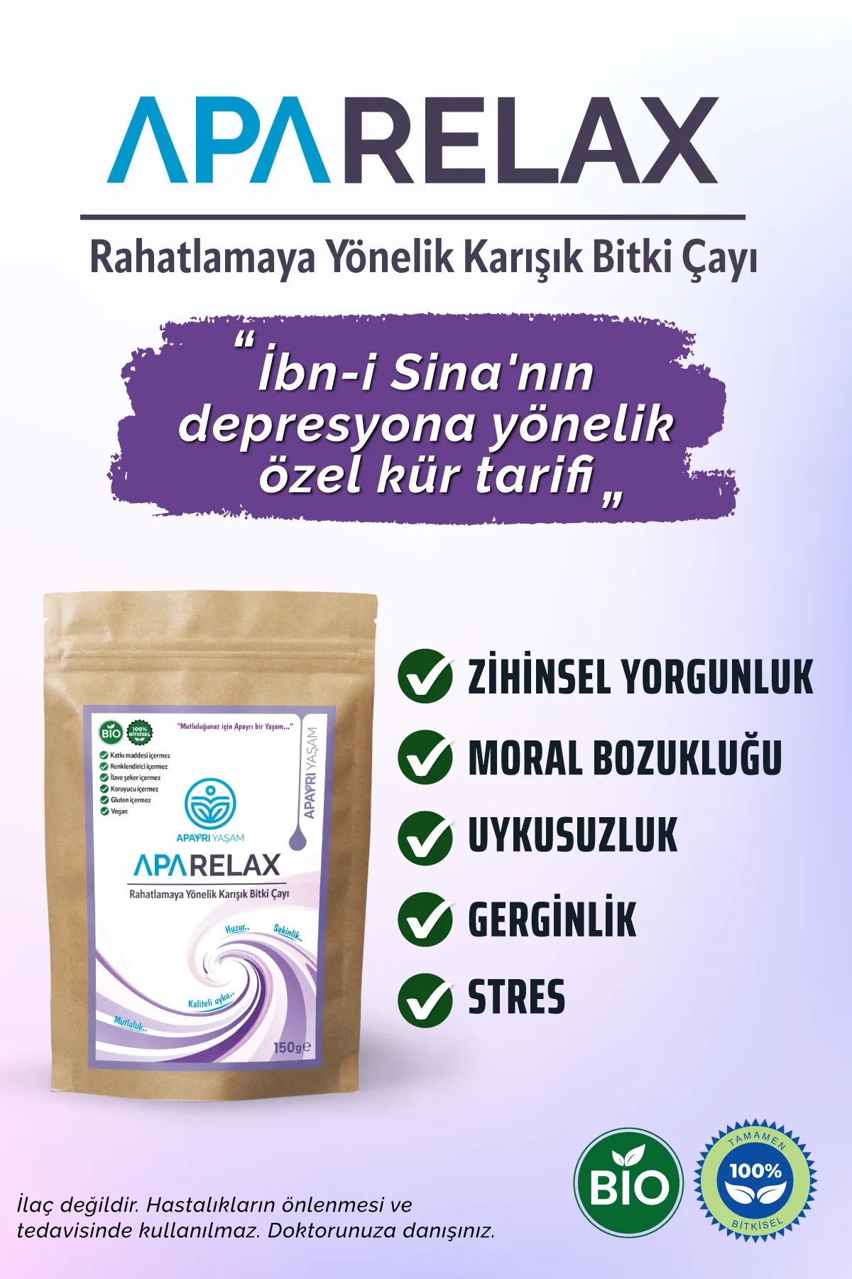 Uyku Düzenleyici, Stres Giderici, Panik Atak Rahatlatıcı Bio Çay Karışımı Aparelax