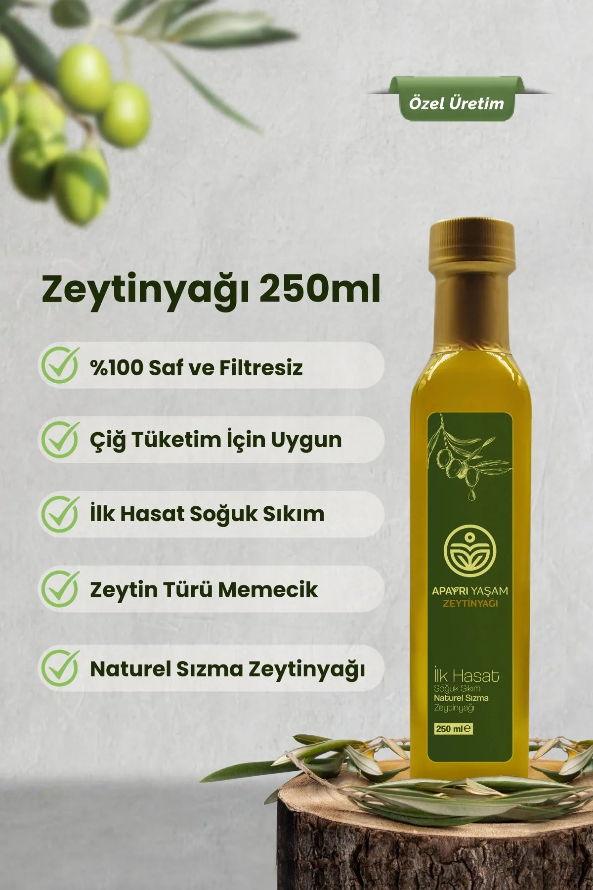 Erken Hasat Organik Bebek Zeytinyağı Natürel Soğuk Sıkım Zeytin Yağı 250ml