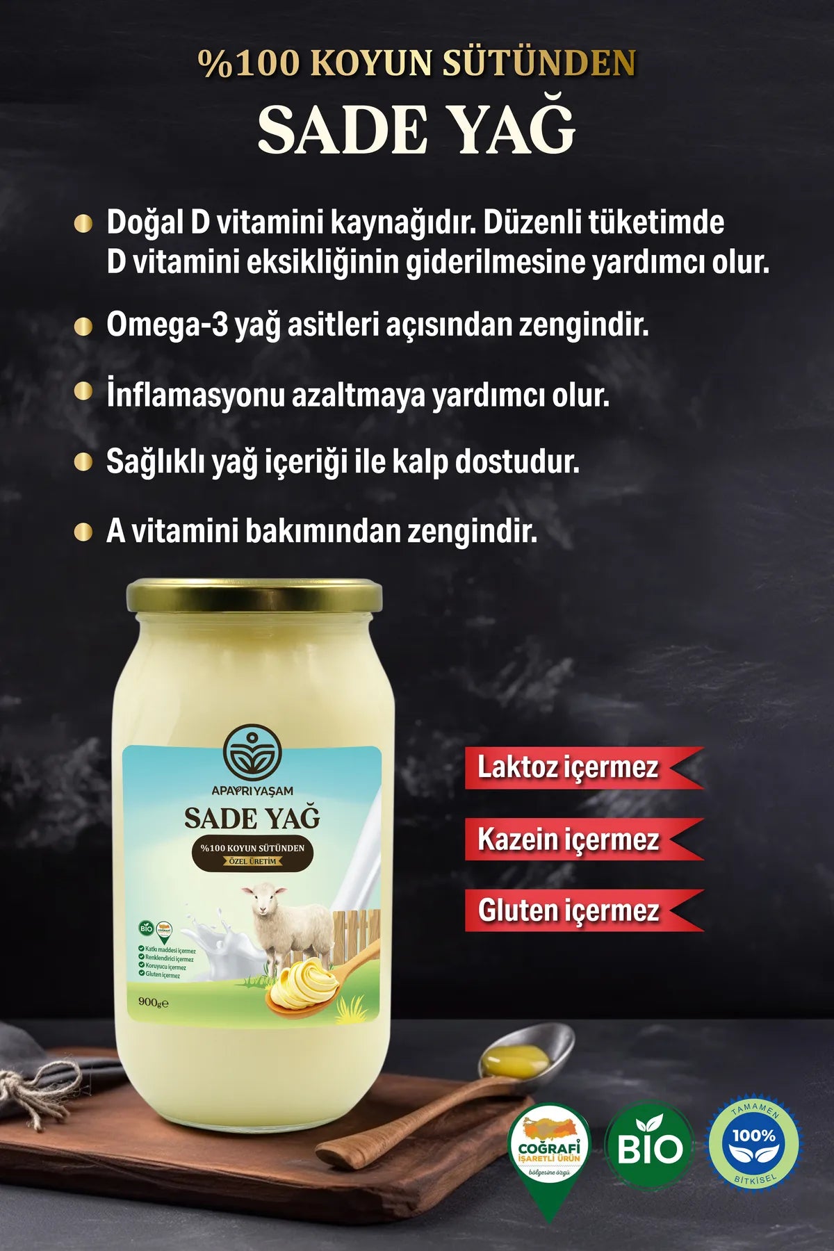 %100 Koyun Sütünden Özel Üretim Sade Yağ (Laktosuz, Kazeinsiz, Ghee)