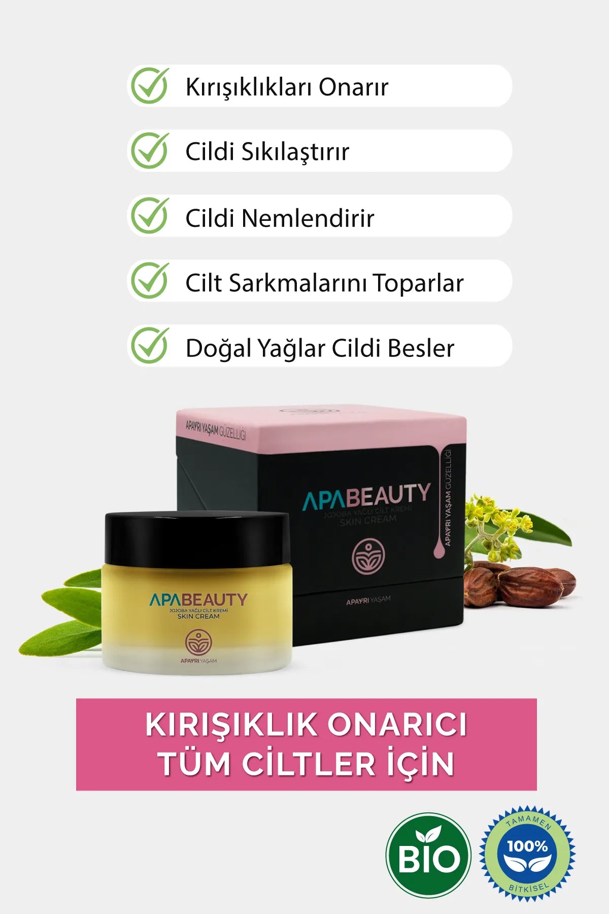 Kırışıklık Onarıcı, Yaşlanma Karşıtı, Nemlendirici Aydınlatıcı Bio Yüz Kremi %100 Bitkisel Apabeauty