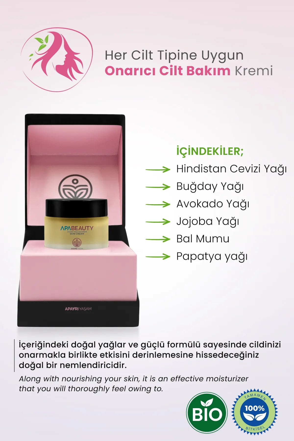 Kırışıklık Onarıcı, Yaşlanma Karşıtı, Nemlendirici Aydınlatıcı Bio Yüz Kremi %100 Bitkisel Apabeauty