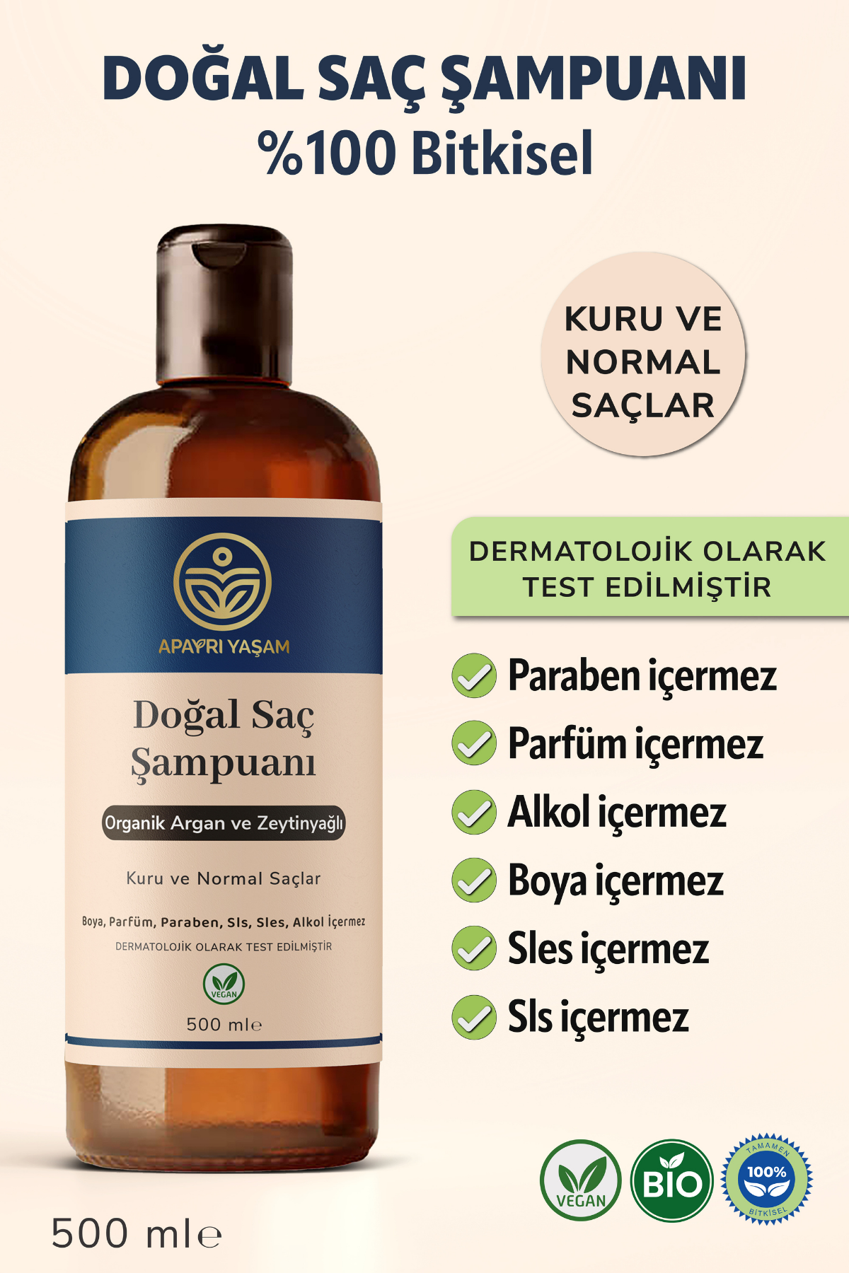 %100 Bitkisel Kuru ve Normal Saçlar İçin Doğal Saç Şampuanı 500 ml
