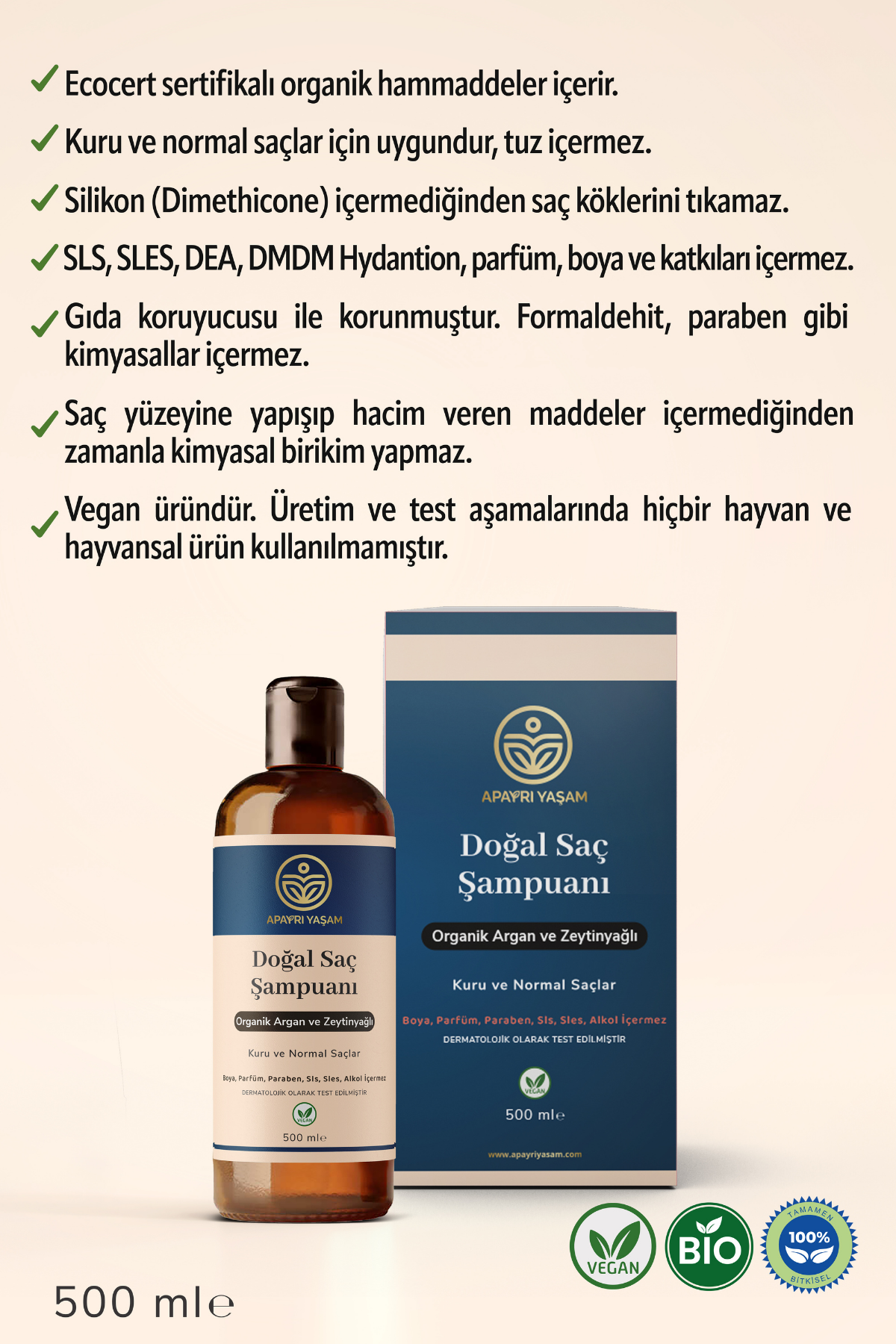 %100 Bitkisel Kuru ve Normal Saçlar İçin Doğal Saç Şampuanı 500 ml