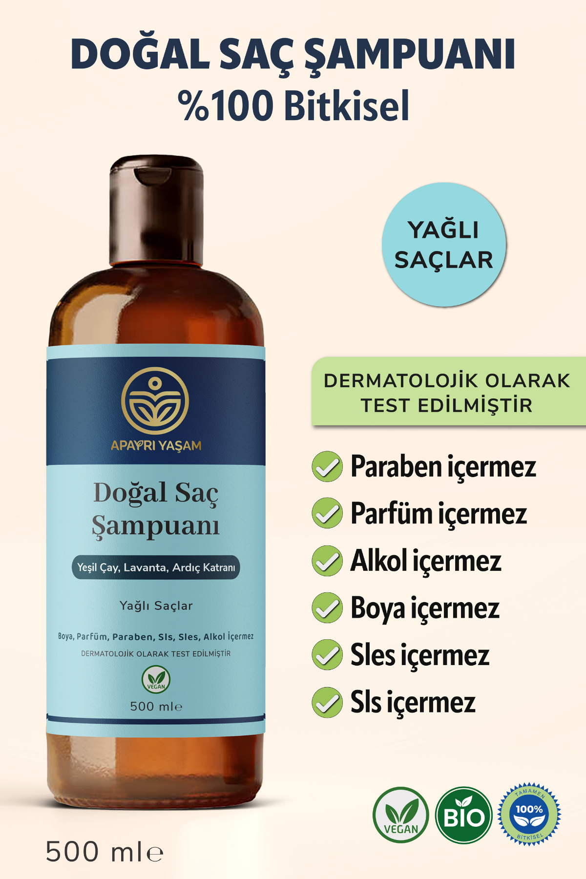 %100 Bitkisel Yağlı Saçlar Için Doğal Saç Şampuanı 500 ml