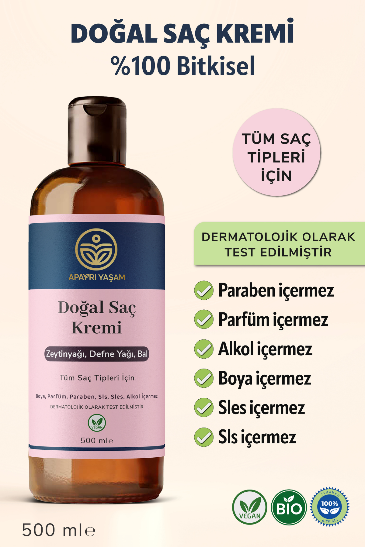 %100 Bitkisel Tüm Saç Tipleri İçin Doğal Saç Kremi 500 ml
