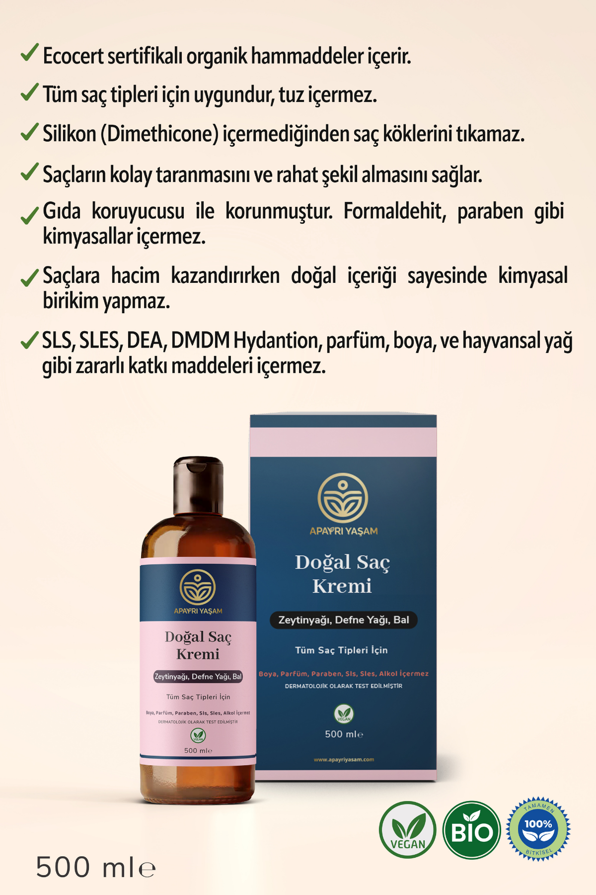 %100 Bitkisel Tüm Saç Tipleri İçin Doğal Saç Kremi 500 ml