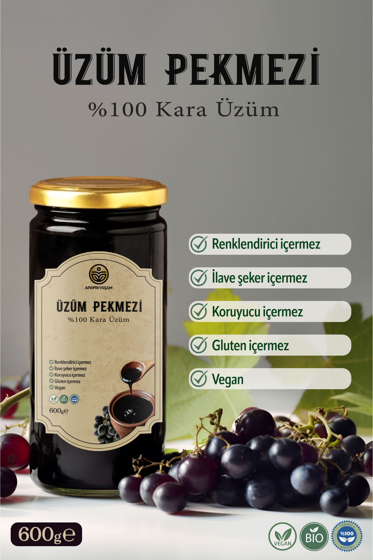 Katkısız %100 Doğal Kara Üzüm Pekmezi 600gr