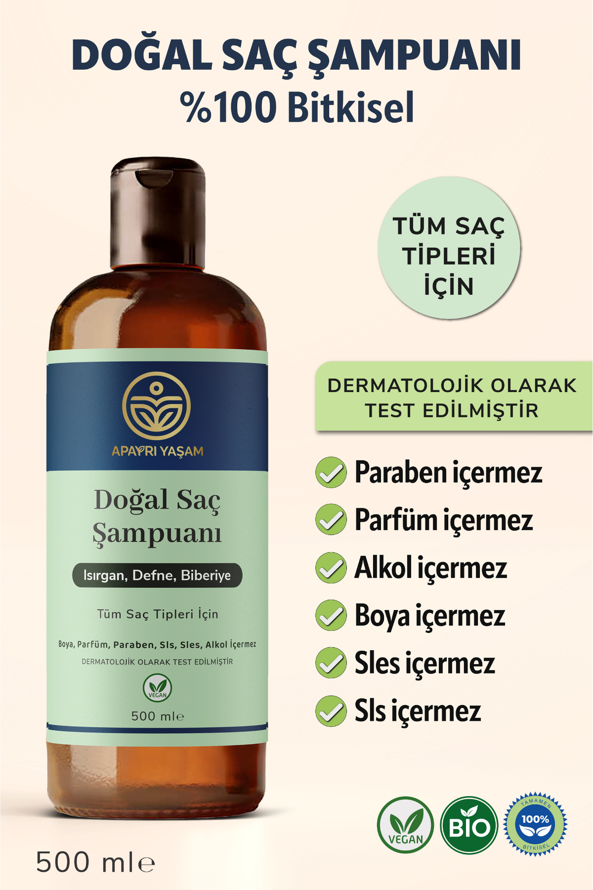 %100 Bitkisel Tüm Saç Tipleri İçin Doğal Saç Şampuanı 500 ml